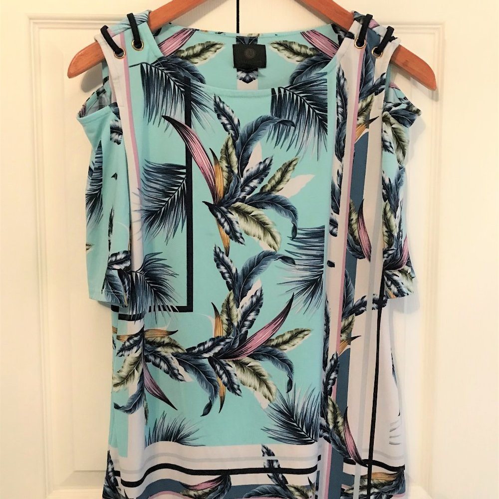 JM COLLECTION Tropical Cold Shoulder Leaf Palm Floral  AQUA Top Blouse Tunic S